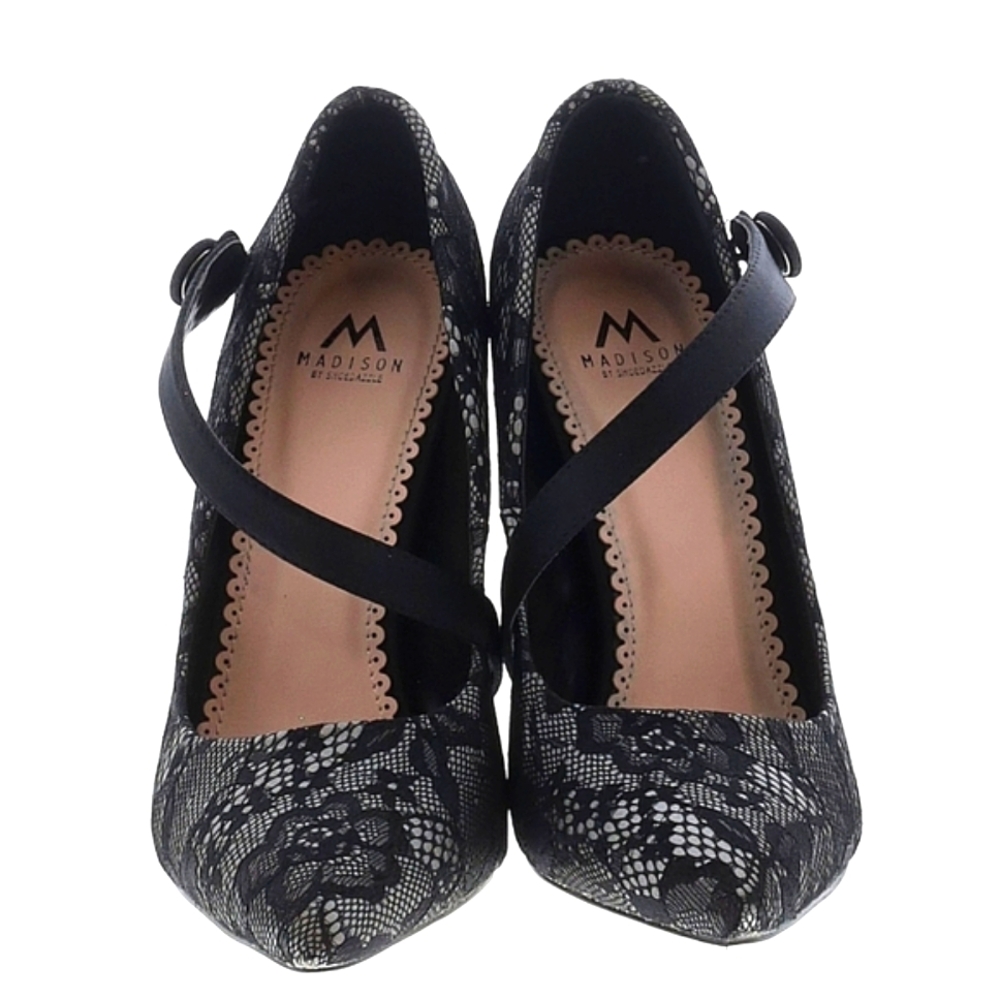 Madison by Shoe Dazzle Devany Grey Black Lace Heels, 7 - Picture 2 of 4